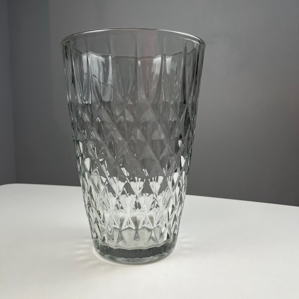 Vintage Art Deco MCM crystal vase press glass 10" diamond pattern clear